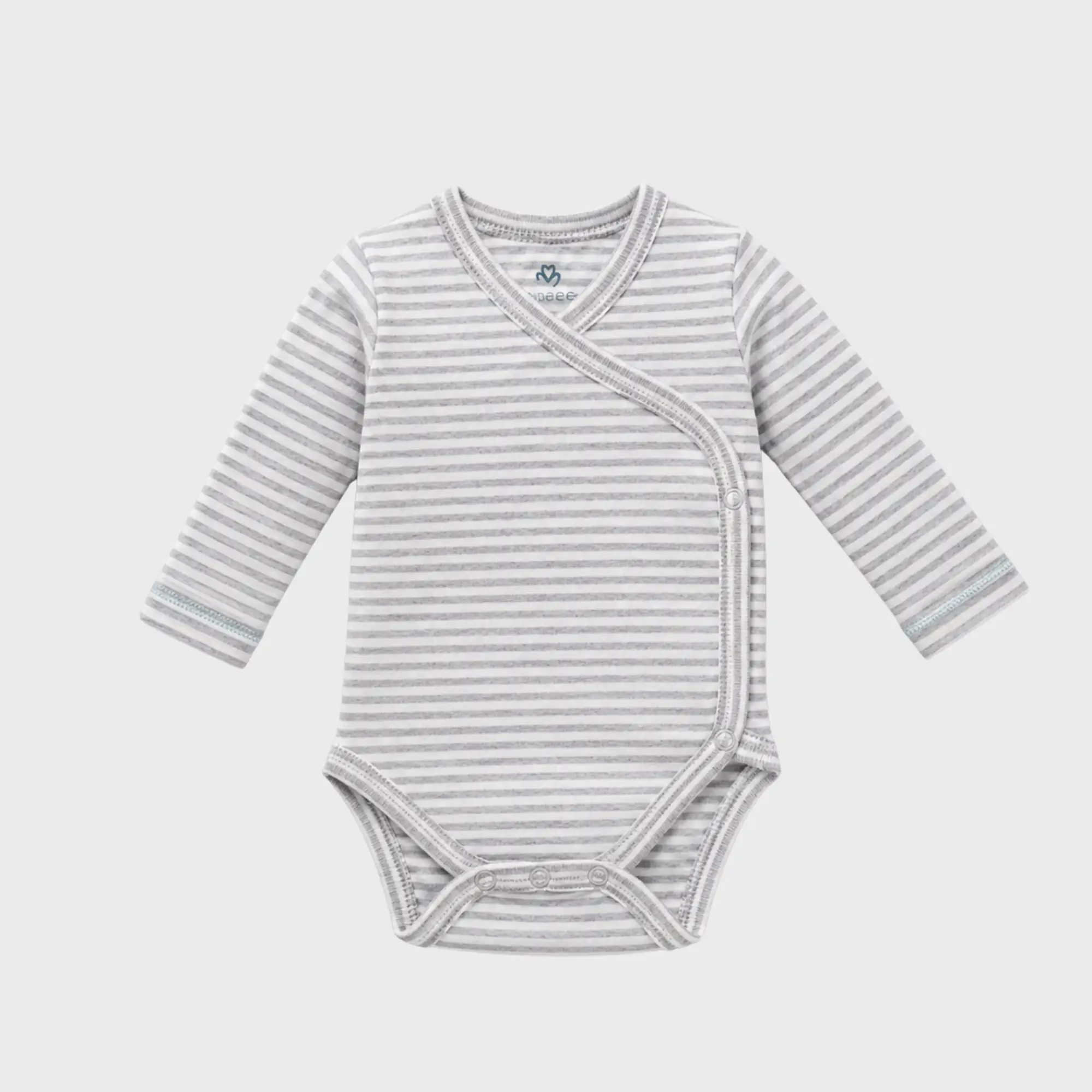 organicera_long_sleeve_kimono_bodysuit_grey_striped_result OrganicEra Organic Long Sleeve Newborn Kimono Baby Body, Striped, Grey Melange - Image 1